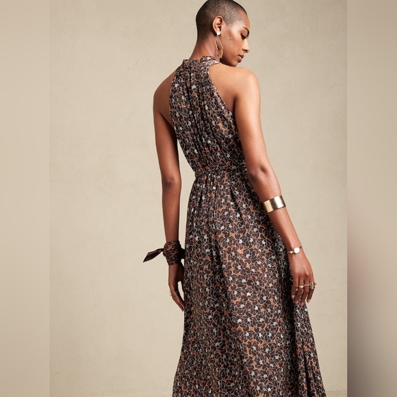 NWOT Banana Republic Brown Floral Halter Midi Dress Size Large - Picture 2 of 6